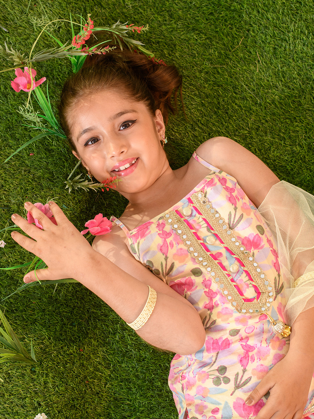 Girls Floral Printed Regular Pure Cotton Kurta with Sharara & Dupatta (SHA-MAGENTALEHERIYA)