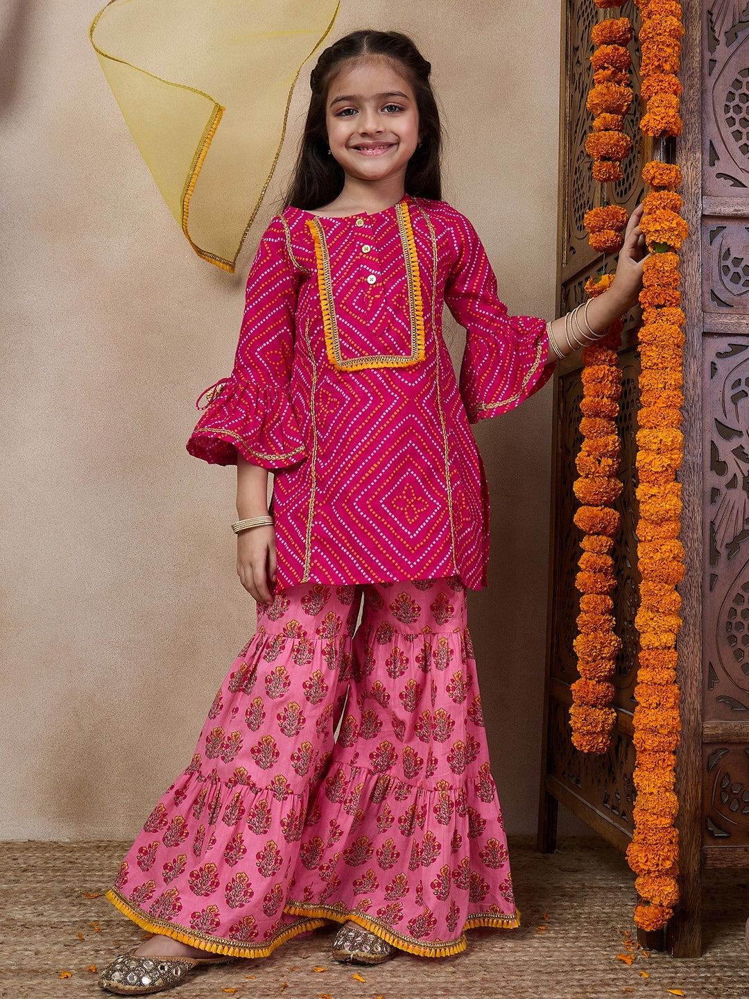 Girls Geometric Printed Flared Sleeves A-Line Kurti With Sharara Dupatta (SHA-MAGENTAPEACH)