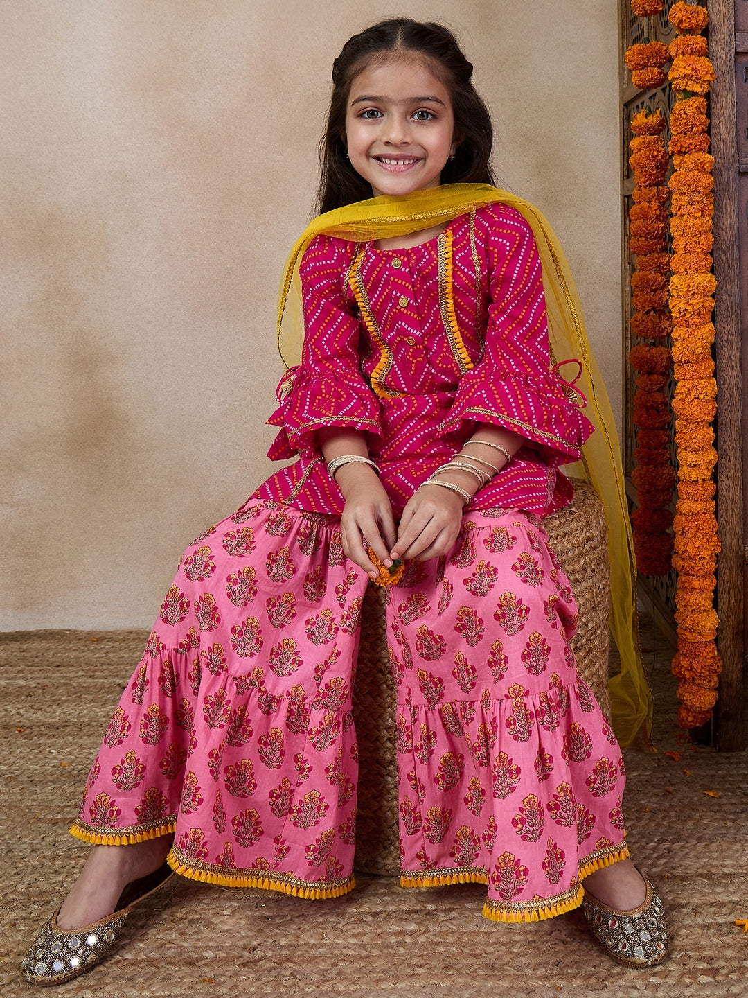 Girls Geometric Printed Flared Sleeves A-Line Kurti With Sharara Dupatta (SHA-MAGENTAPEACH)