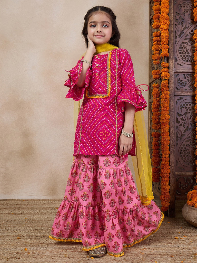 Girls Geometric Printed Flared Sleeves A-Line Kurti With Sharara Dupatta (SHA-MAGENTAPEACH)