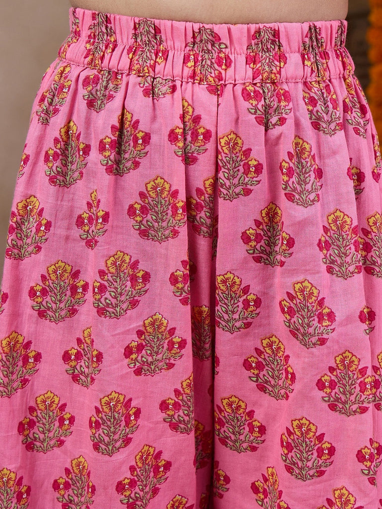 Girls Geometric Printed Flared Sleeves A-Line Kurti With Sharara Dupatta (SHA-MAGENTAPEACH)