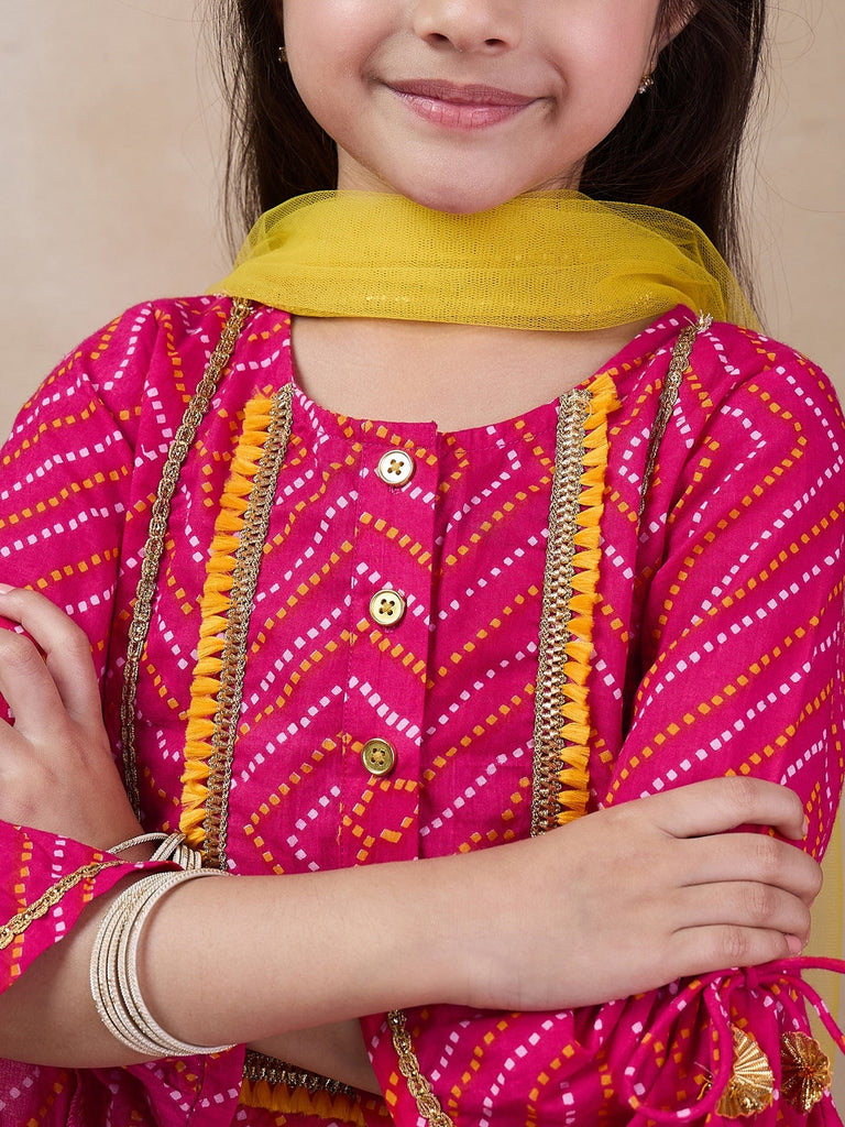 Girls Geometric Printed Flared Sleeves A-Line Kurti With Sharara Dupatta (SHA-MAGENTAPEACH)