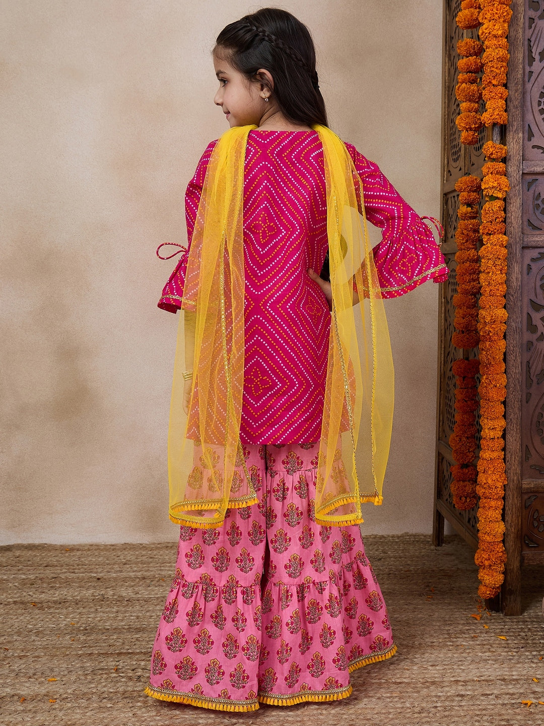 Girls Geometric Printed Flared Sleeves A-Line Kurti With Sharara Dupatta (SHA-MAGENTAPEACH)