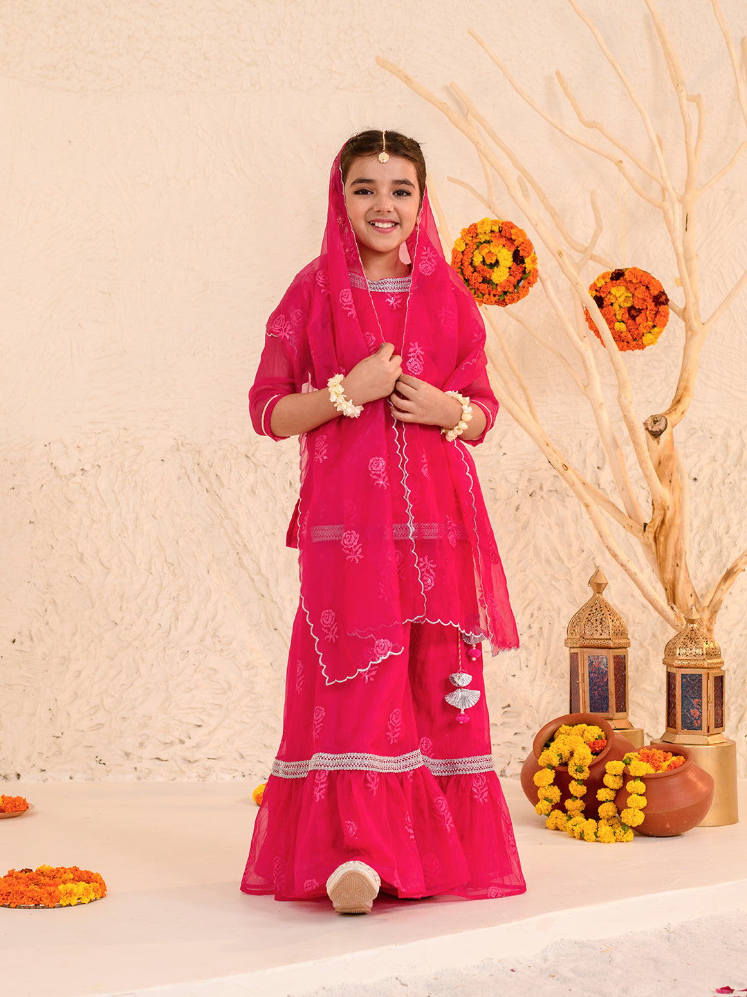Girls Floral Printed Thread Work Regular Kurta with Sharara & With Dupatta (SHA-MAGENTAROSE)