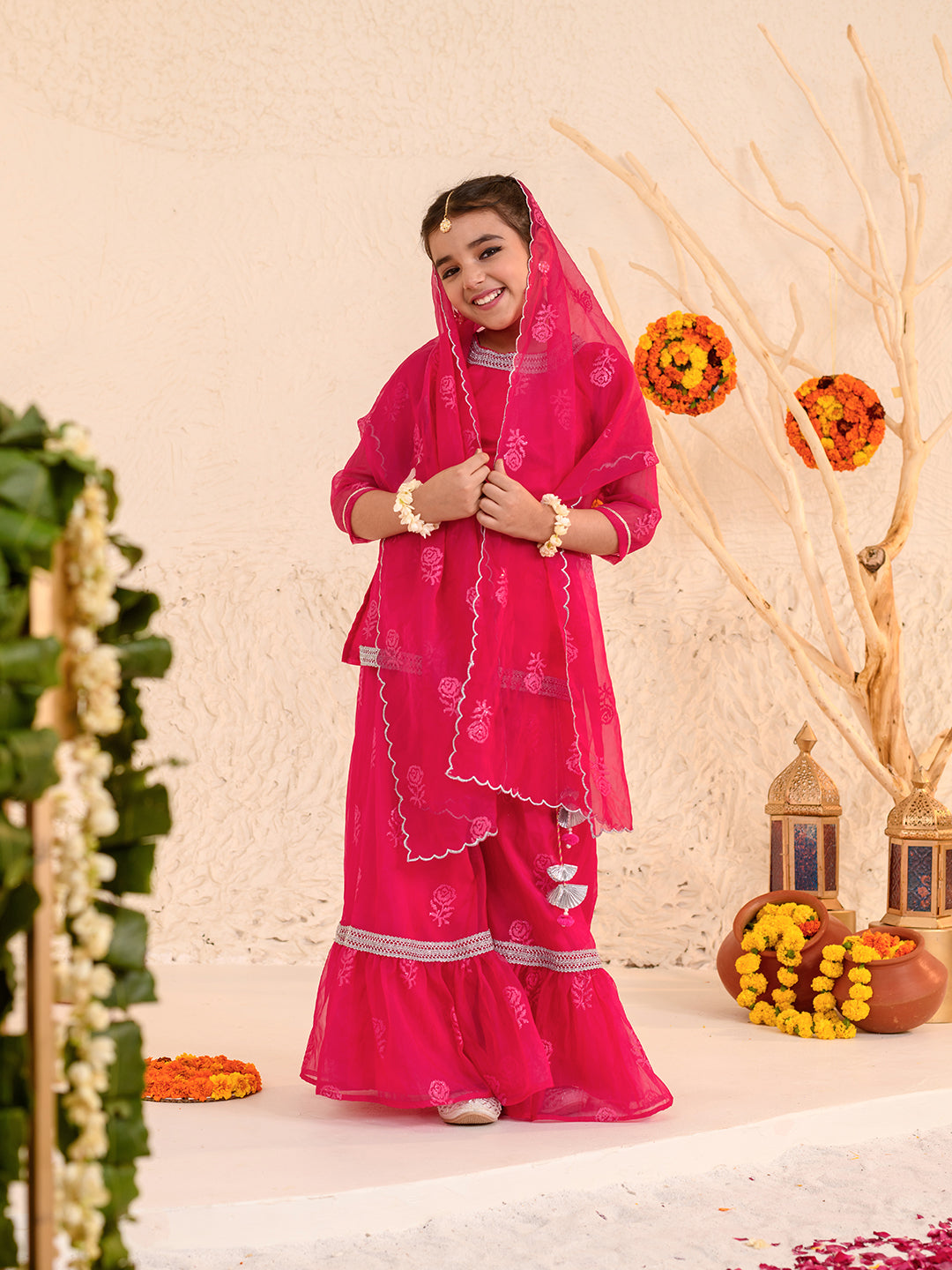Girls Floral Printed Thread Work Regular Kurta with Sharara & With Dupatta (SHA-MAGENTAROSE)