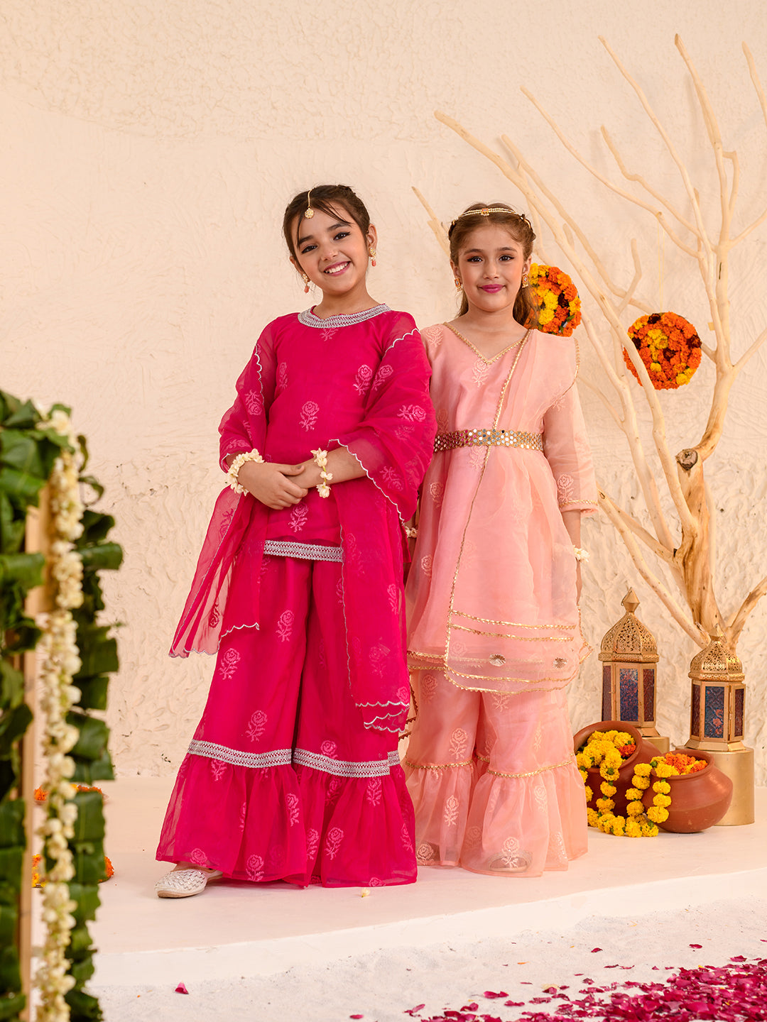 Girls Floral Printed Thread Work Regular Kurta with Sharara & With Dupatta (SHA-MAGENTAROSE)