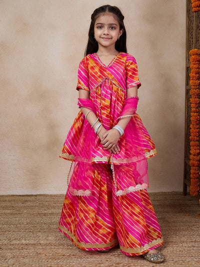 Girls Striped Gotta Patti A-Line Empire Kurti With Sharara Dupatta (SHA-MAGENTASTRIPE)