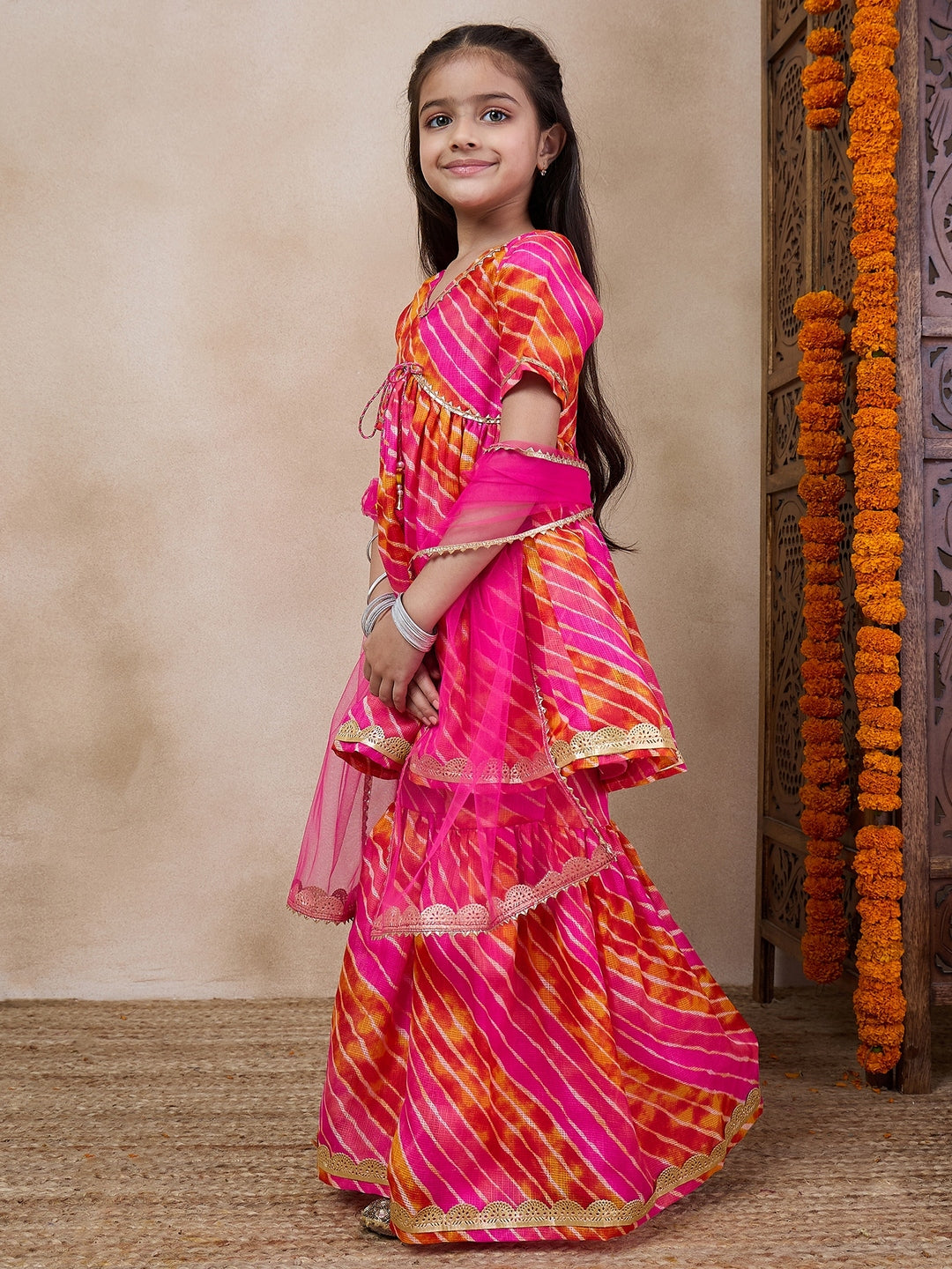 Girls Striped Gotta Patti A-Line Empire Kurti With Sharara Dupatta (SHA-MAGENTASTRIPE)