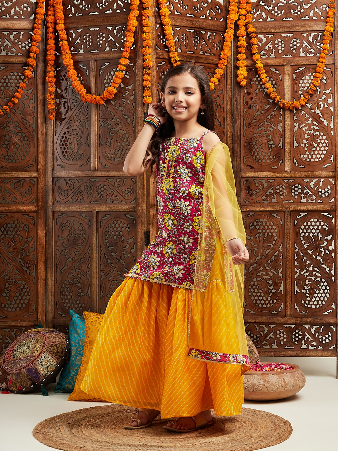 Pspeaches Girls Floral Printed Regular Gotta Patti Kurta With Sharara & Dupatta (SHA-MAGWHITEFLORAL)