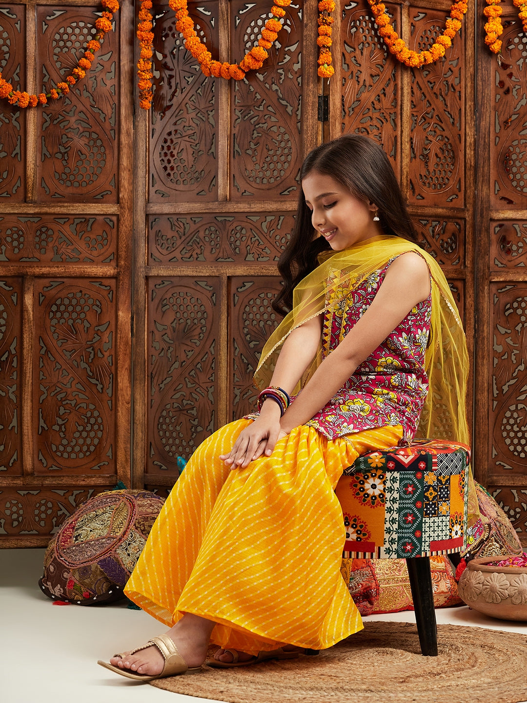 Pspeaches Girls Floral Printed Regular Gotta Patti Kurta With Sharara & Dupatta (SHA-MAGWHITEFLORAL)