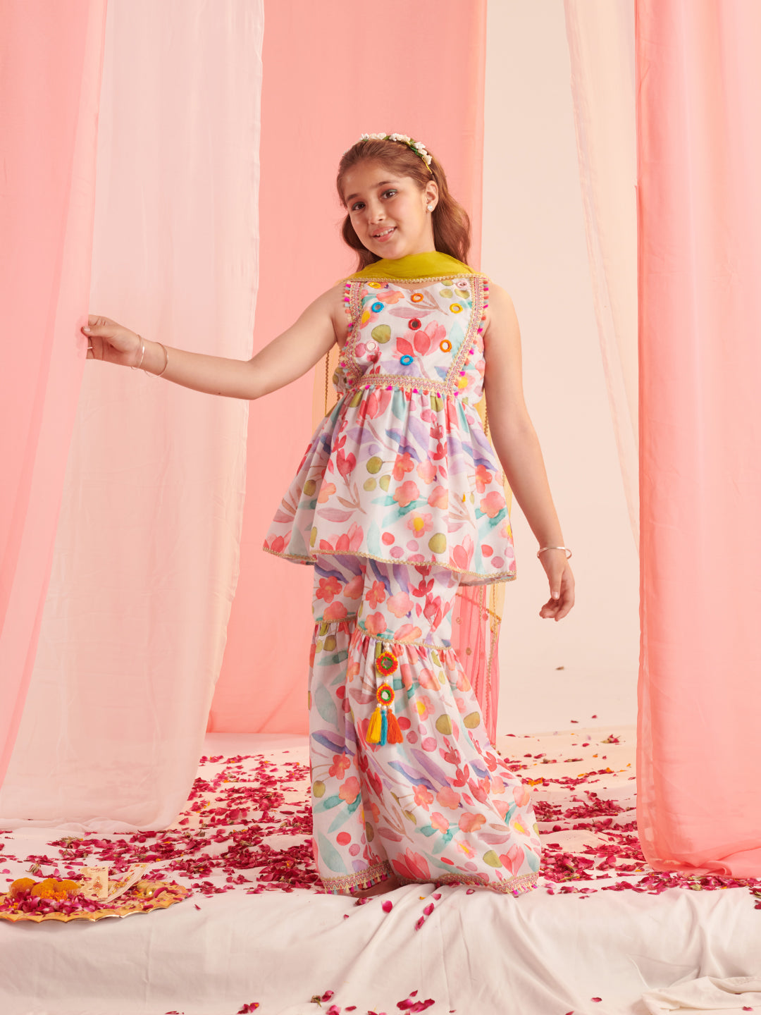 Girls Floral Printed Regular Kurta With Sharara & With Dupatta (SHA-MULTIFLAX)