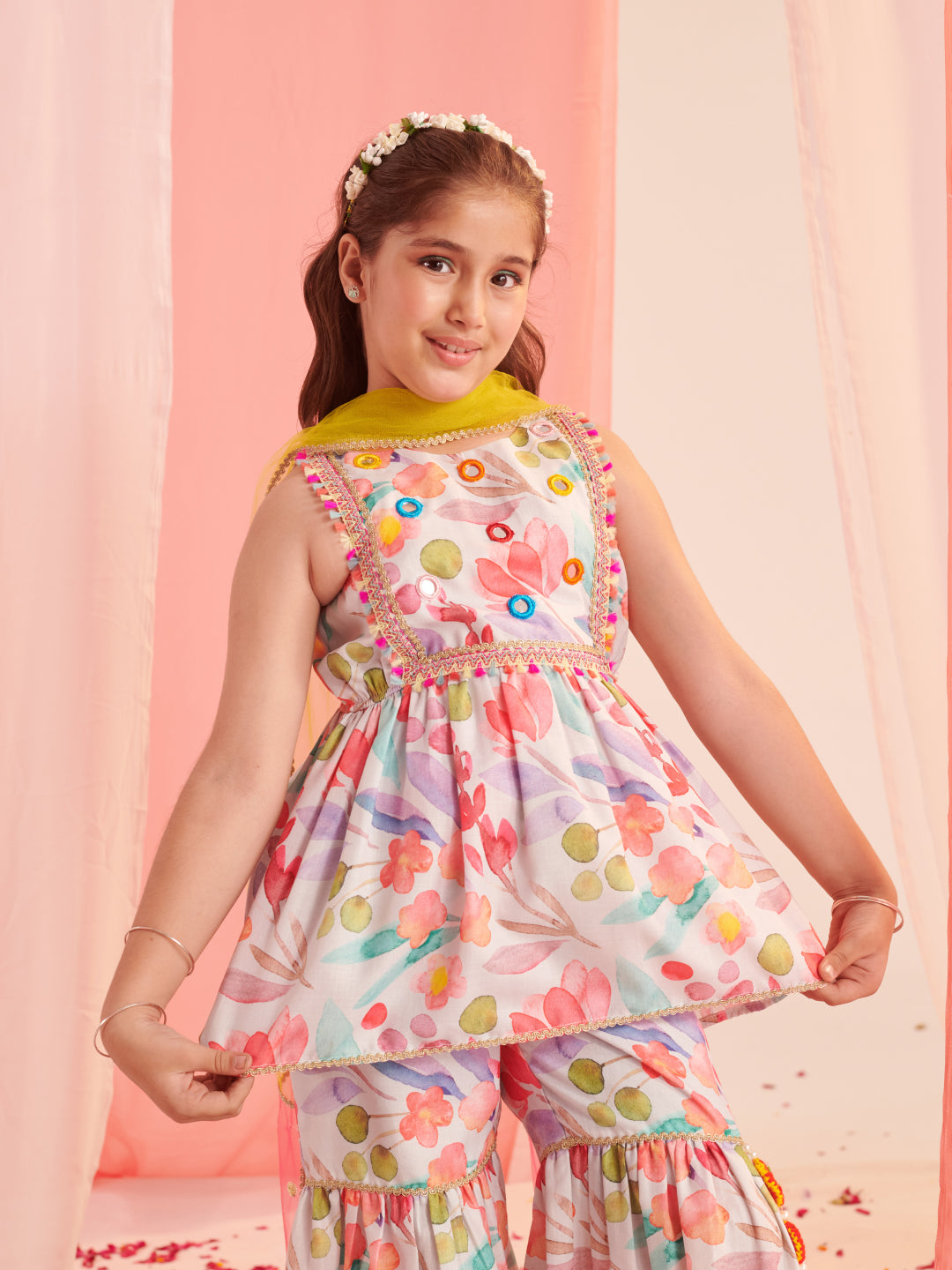Girls Floral Printed Regular Kurta With Sharara & With Dupatta (SHA-MULTIFLAX)