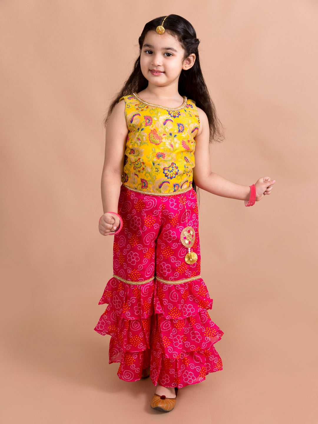 Girls Magenta Floral Embroidered Kurti with Sharara (SHA-Magentabandhej)