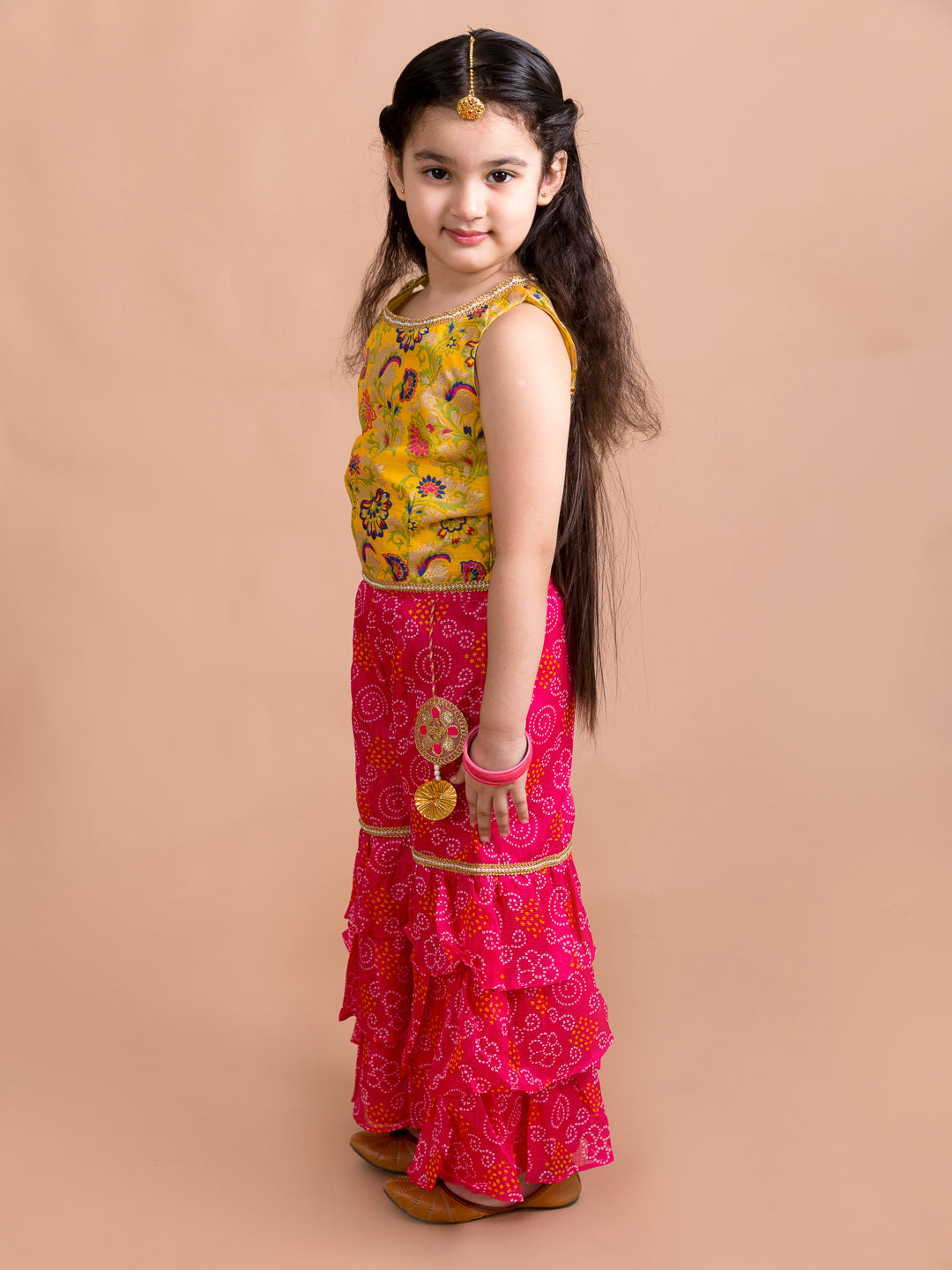 Girls Magenta Floral Embroidered Kurti with Sharara (SHA-Magentabandhej)