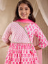 Pspeaches Girls Cotton 3/4th Sleeves V Neck Neck Gota Pati Embellished Lehenga Choli Set with Dupatta for Girls (SHA-NEONMAGENTA)