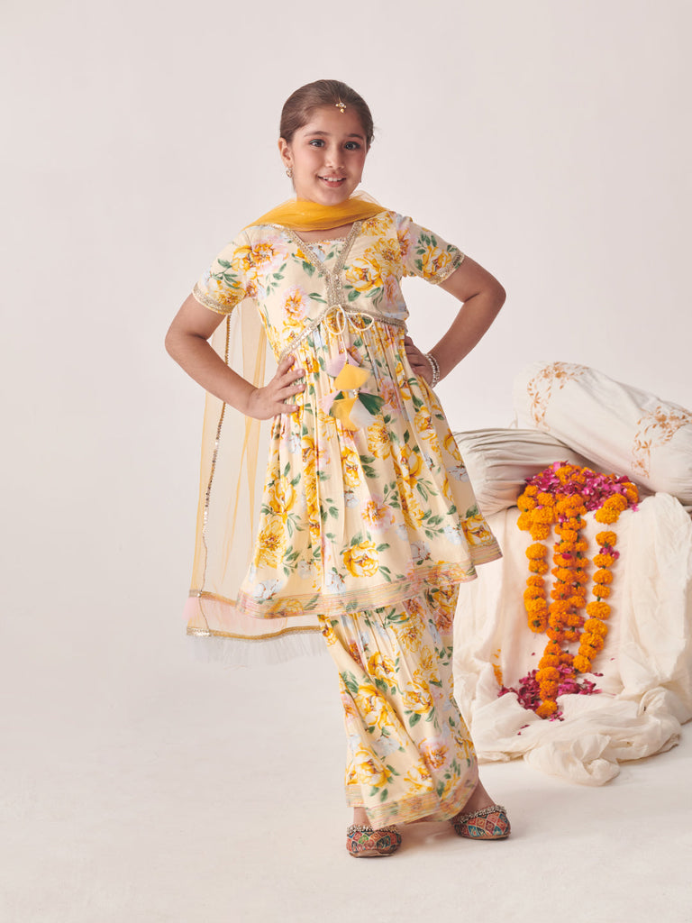 Pspeaches Girls Off-White Ethnic Floral Print Cotton Slub A-Line Kurta & Sharara With Dupatta ( Sku-Sha-Offwhiteyljaal )