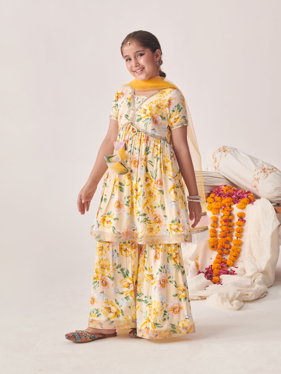 Girls Floral Printed Empire Gotta Patti Kurta With Sharara & With Dupatta (SHA-OFFWHITEYLJAAL)