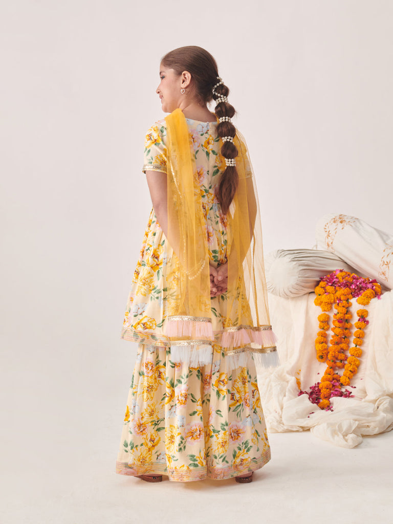 Girls Floral Printed Empire Gotta Patti Kurta With Sharara & With Dupatta (SHA-OFFWHITEYLJAAL)