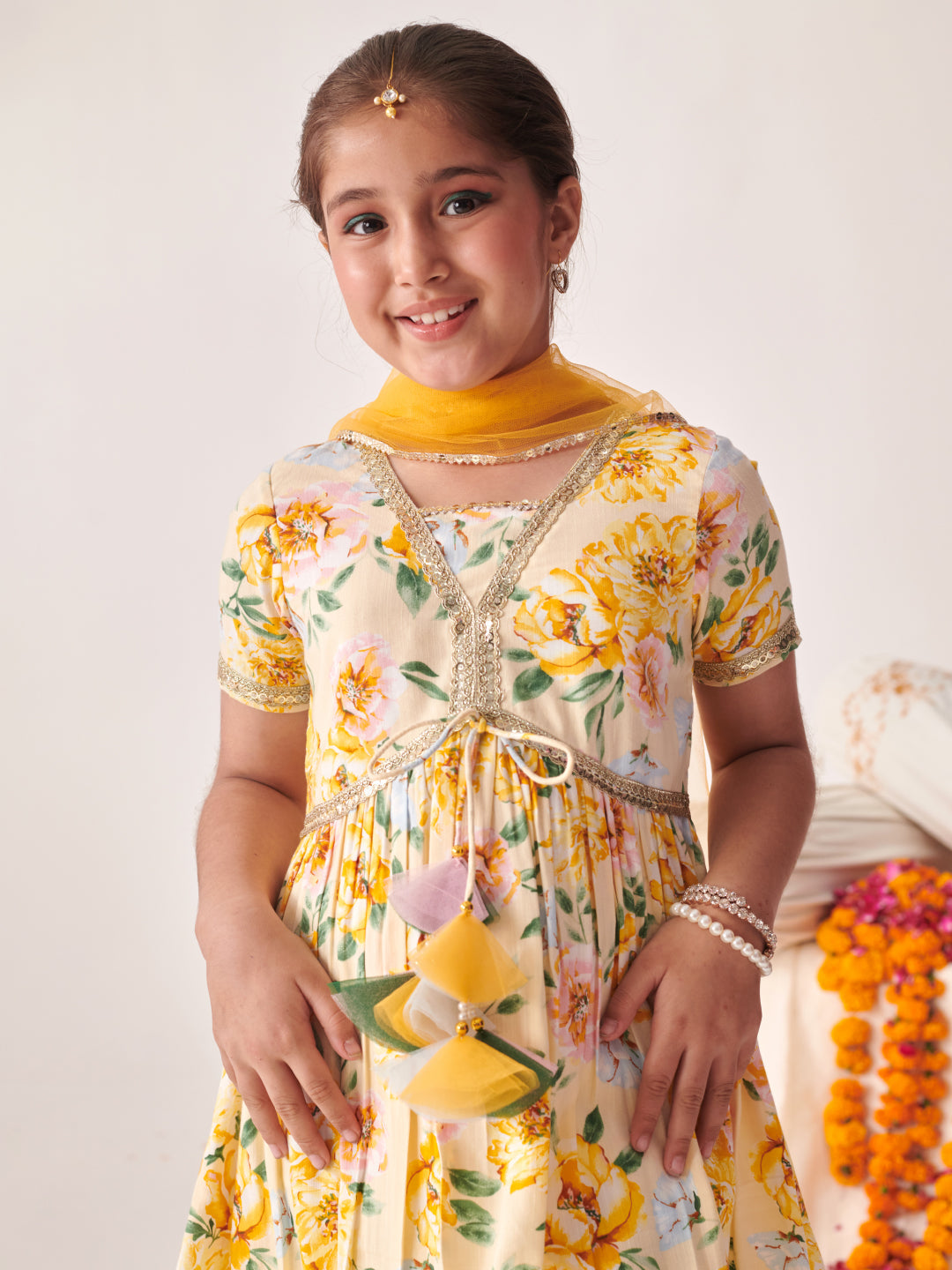 Girls Floral Printed Empire Gotta Patti Kurta With Sharara & With Dupatta (SHA-OFFWHITEYLJAAL)