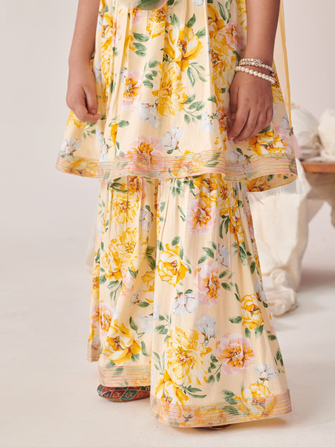 Girls Floral Printed Empire Gotta Patti Kurta With Sharara & With Dupatta (SHA-OFFWHITEYLJAAL)