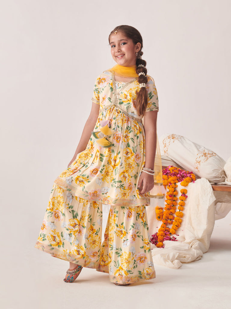 Girls Floral Printed Empire Gotta Patti Kurta With Sharara & With Dupatta (SHA-OFFWHITEYLJAAL)