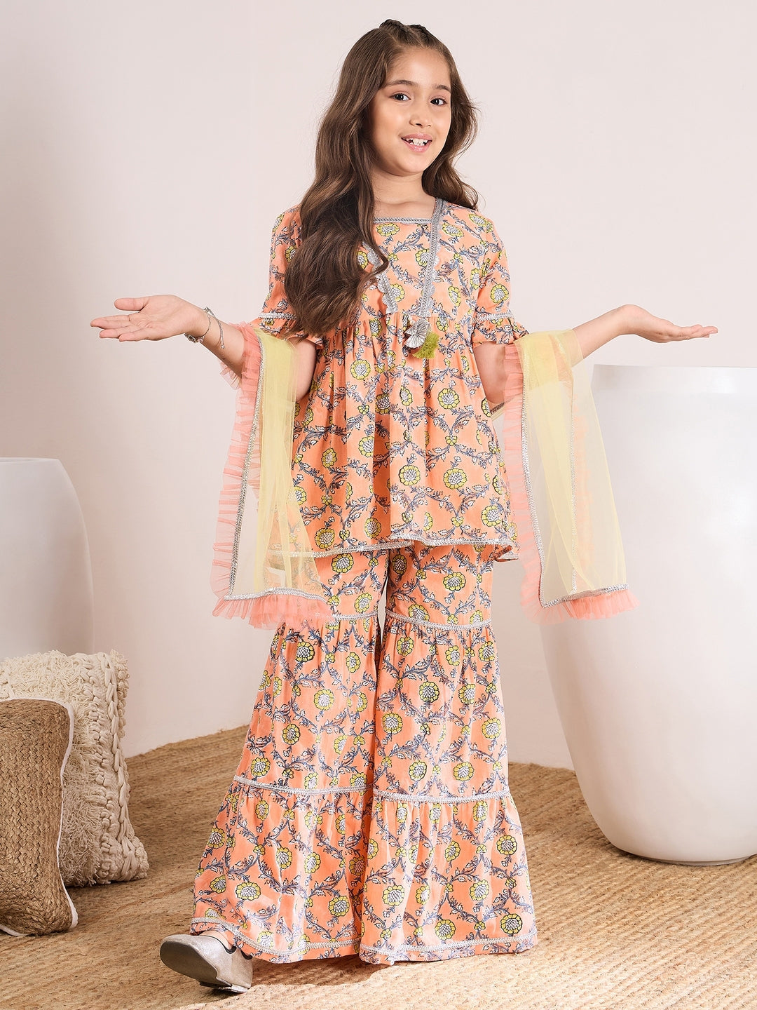 Girls Floral Printed Empire Kurta with Sharara & Dupatta (SHA-ORANGEGREEN)