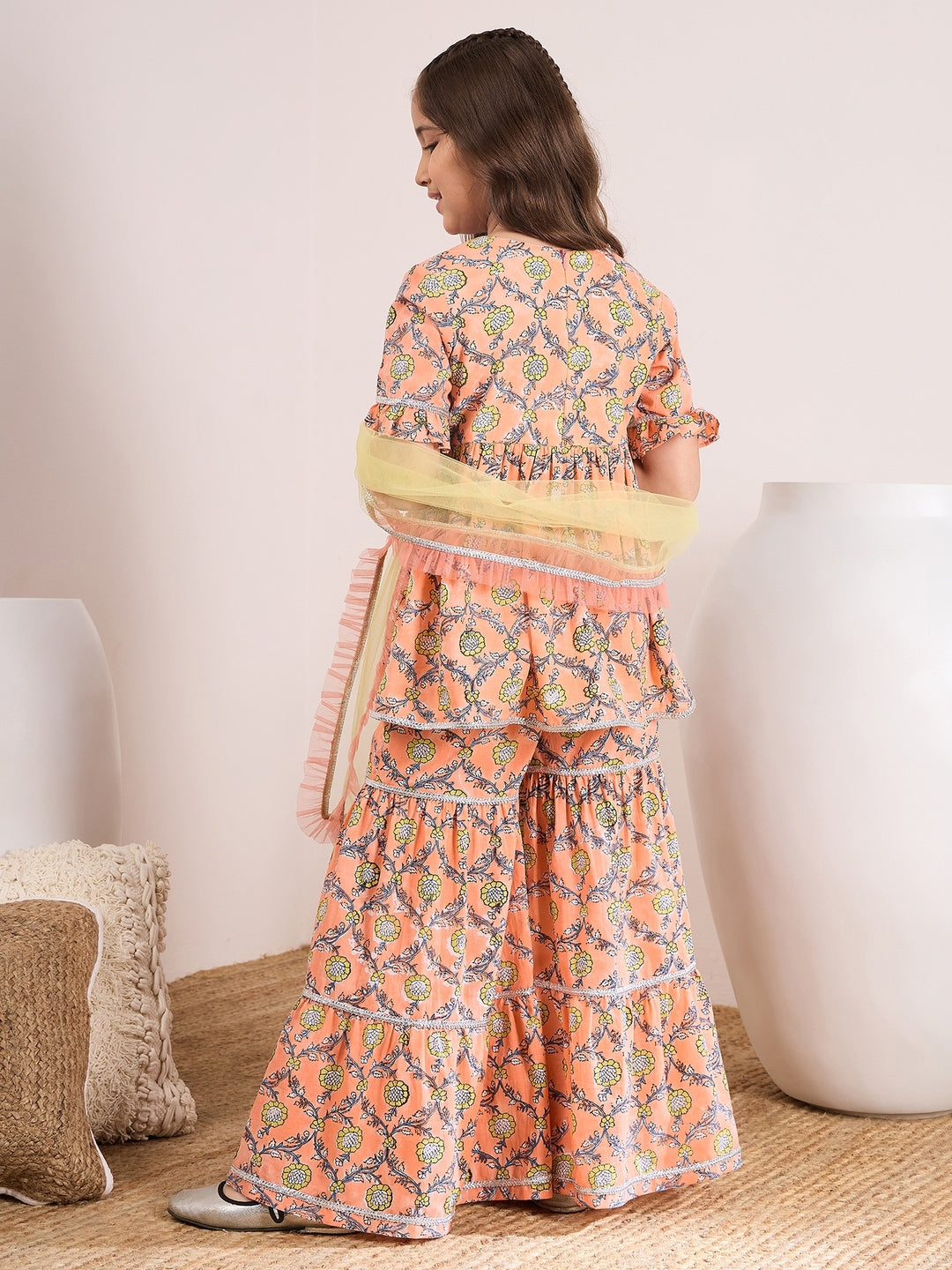 Girls Floral Printed Empire Kurta with Sharara & Dupatta (SHA-ORANGEGREEN)