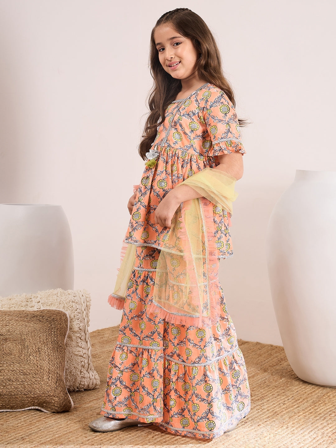 Girls Floral Printed Empire Kurta with Sharara & Dupatta (SHA-ORANGEGREEN)