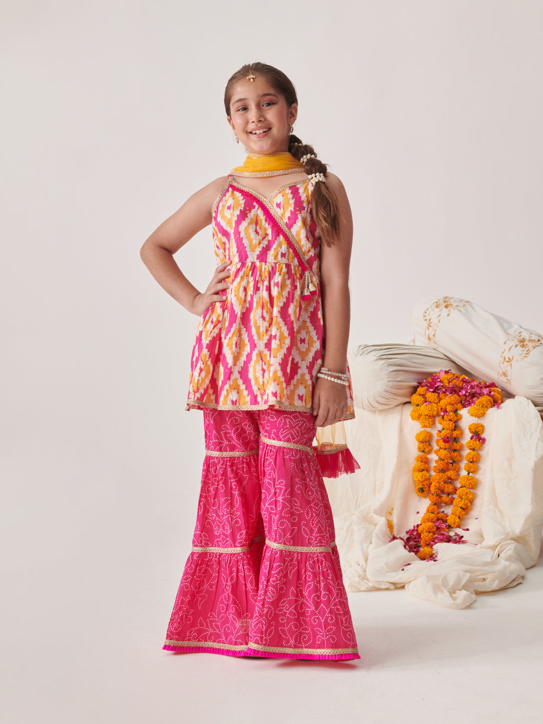 Girls Printed Angrakha Gotta Patti Kurti With Sharara & With Dupatta (SHA-ORANGEIKKAT)