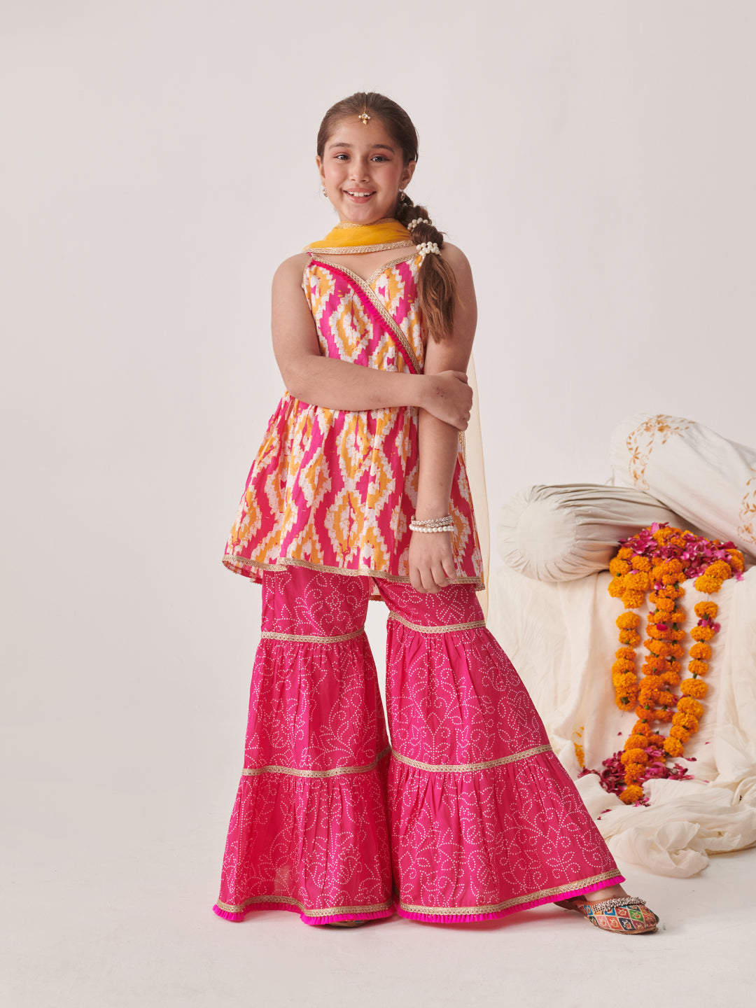Girls Printed Angrakha Gotta Patti Kurti With Sharara & With Dupatta (SHA-ORANGEIKKAT)