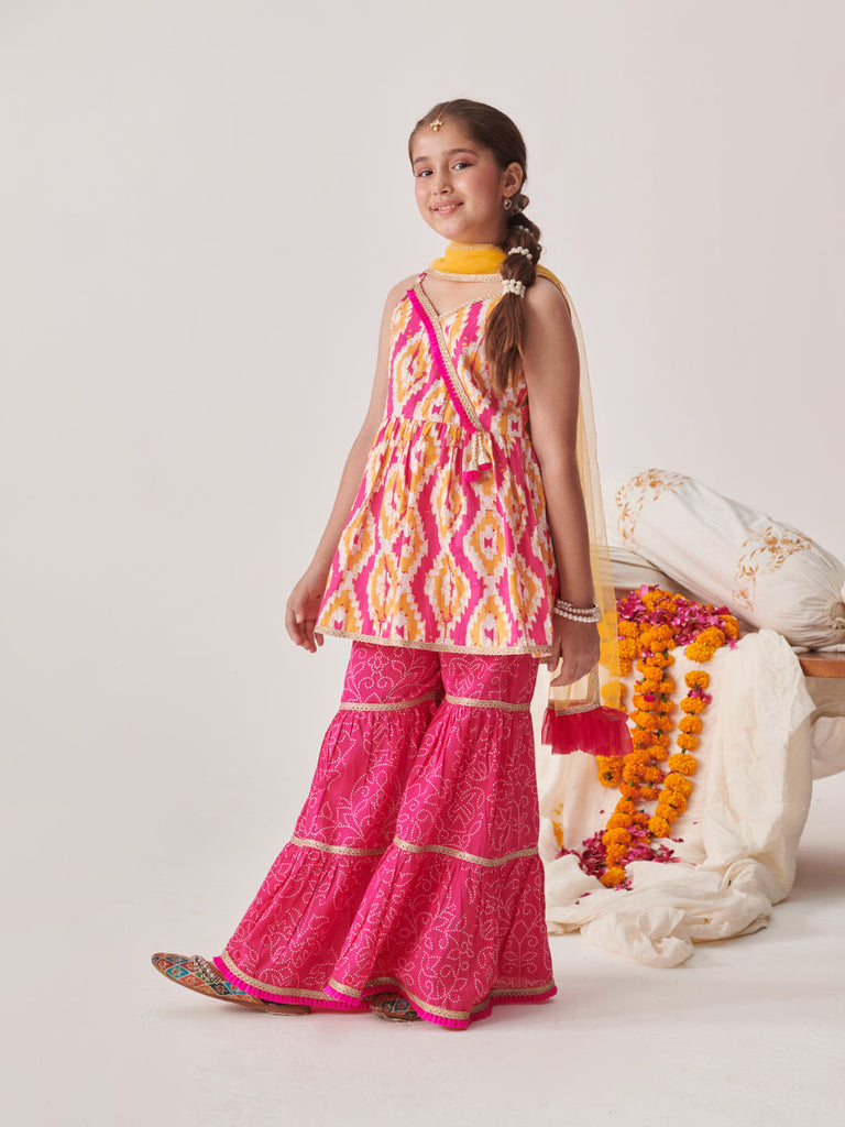 Girls Printed Angrakha Gotta Patti Kurti With Sharara & With Dupatta (SHA-ORANGEIKKAT)