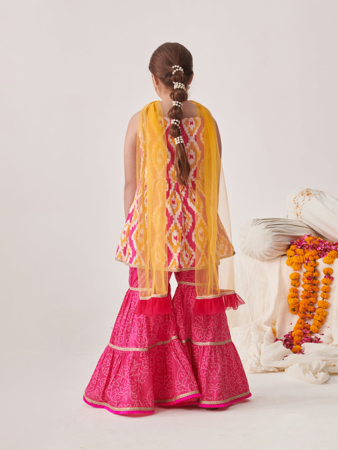 Girls Printed Angrakha Gotta Patti Kurti With Sharara & With Dupatta (SHA-ORANGEIKKAT)