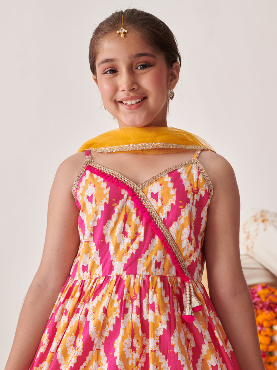 Girls Printed Angrakha Gotta Patti Kurti With Sharara & With Dupatta (SHA-ORANGEIKKAT)
