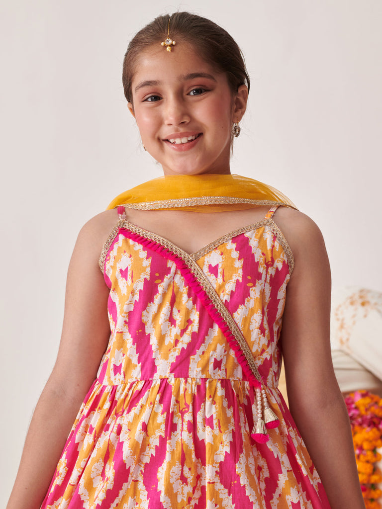Girls Printed Angrakha Gotta Patti Kurti With Sharara & With Dupatta (SHA-ORANGEIKKAT)