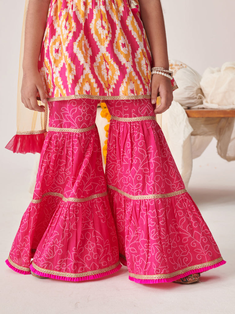 Girls Printed Angrakha Gotta Patti Kurti With Sharara & With Dupatta (SHA-ORANGEIKKAT)