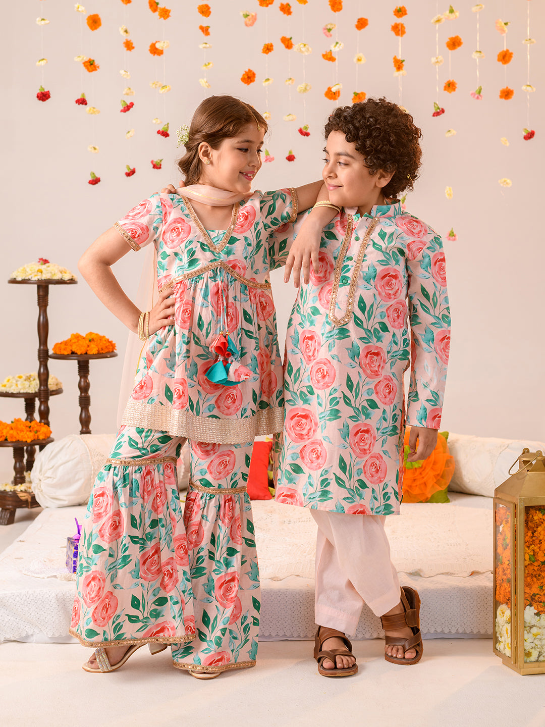 Girls Floral Printed Regular Pure Cotton Kurta with Sharara & Dupatta (SHA-PEACHFLORAL)