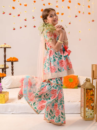 Girls Floral Printed Regular Pure Cotton Kurta with Sharara & Dupatta (SHA-PEACHFLORAL)