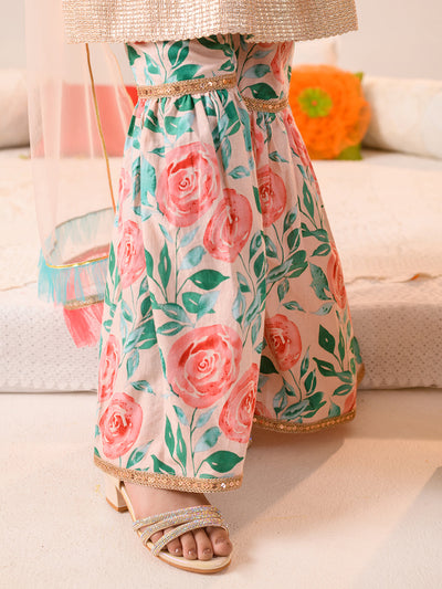 Girls Floral Printed Regular Pure Cotton Kurta with Sharara & Dupatta (SHA-PEACHFLORAL)