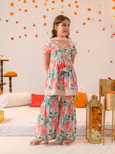 Girls Floral Printed Regular Pure Cotton Kurta with Sharara & Dupatta (SHA-PEACHFLORAL)
