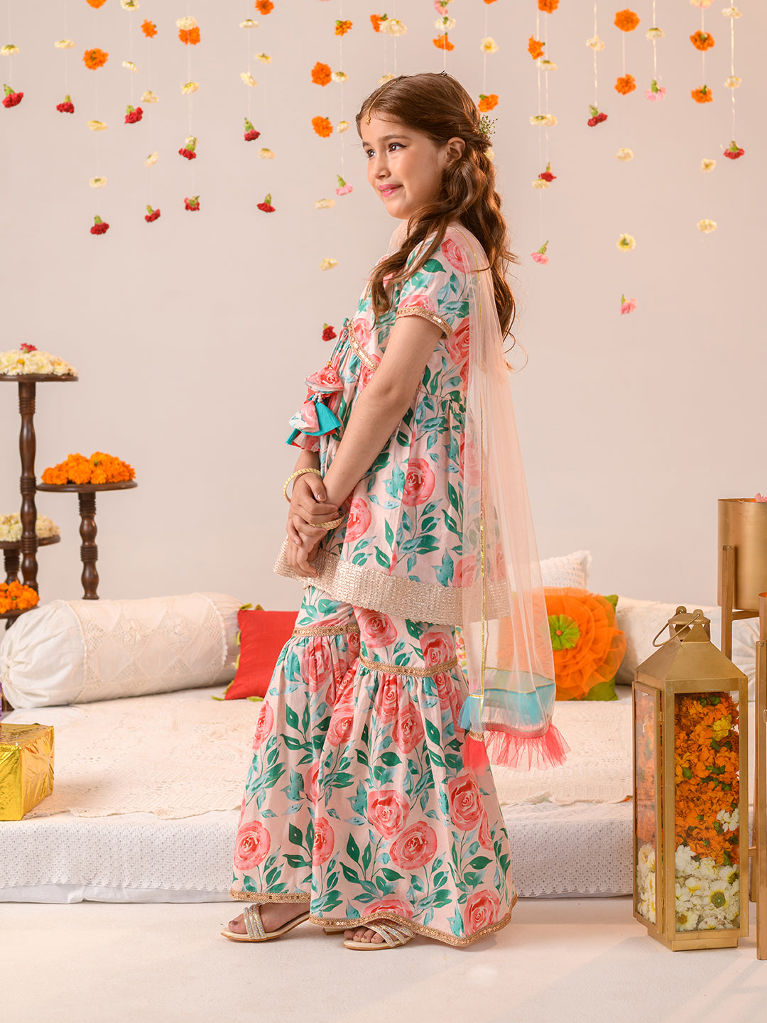 Girls Floral Printed Regular Pure Cotton Kurta with Sharara & Dupatta (SHA-PEACHFLORAL)