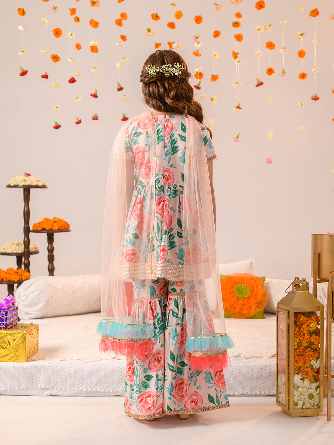 Girls Floral Printed Regular Pure Cotton Kurta with Sharara & Dupatta (SHA-PEACHFLORAL)