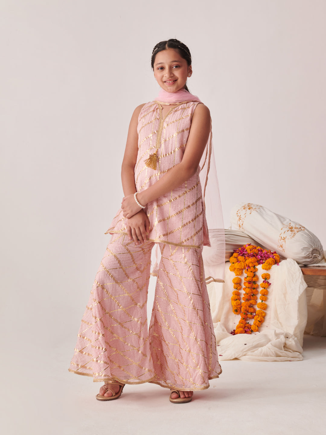 Pspeaches Girls Pink Sequin Embroidered Georgette A-Line Kurta & Sharara With Dupatta ( Sku-Sha-Peachggtlurex )