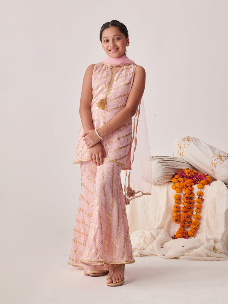 Girls Regular Gotta Patti Kurta With Sharara With Dupatta (SHA-PEACHGGTLUREX)