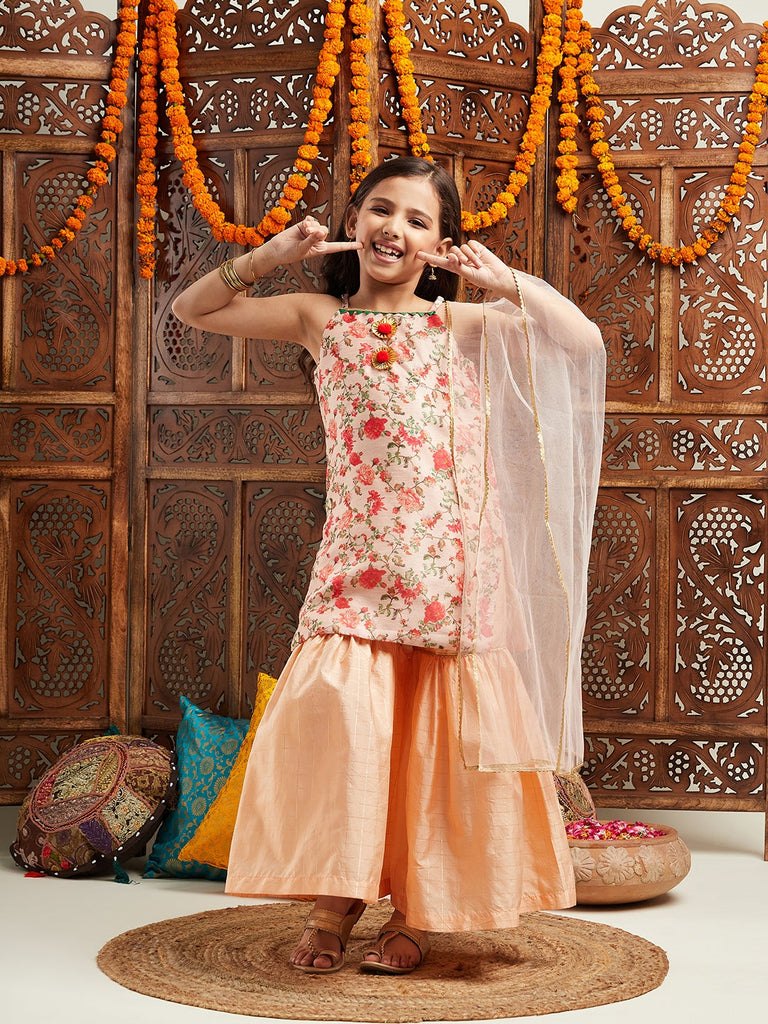 Pspeaches Girls Floral Printed Regular Kurta With Sharara & With Dupatta (SHA-PEACHMULTIFLORAL)