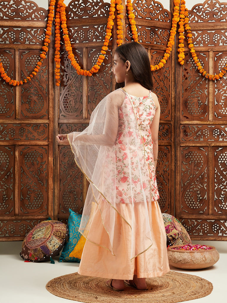 Pspeaches Girls Floral Printed Regular Kurta With Sharara & With Dupatta (SHA-PEACHMULTIFLORAL)