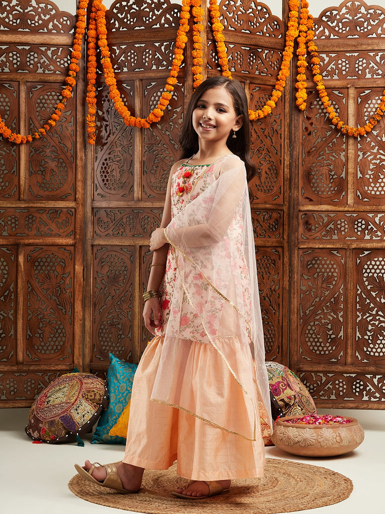 Pspeaches Girls Floral Printed Regular Kurta With Sharara & With Dupatta (SHA-PEACHMULTIFLORAL)