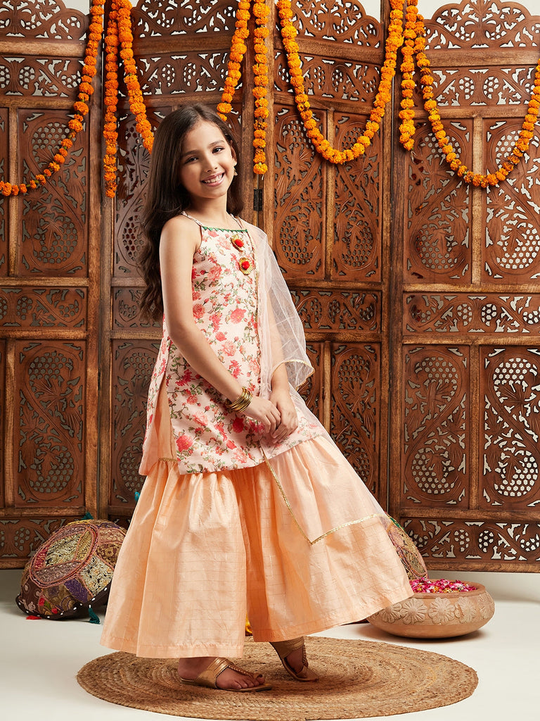 Pspeaches Girls Floral Printed Regular Kurta With Sharara & With Dupatta (SHA-PEACHMULTIFLORAL)