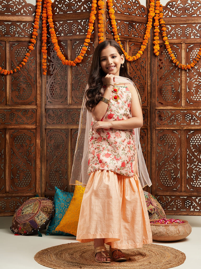 Pspeaches Girls Floral Printed Regular Kurta With Sharara & With Dupatta (SHA-PEACHMULTIFLORAL)