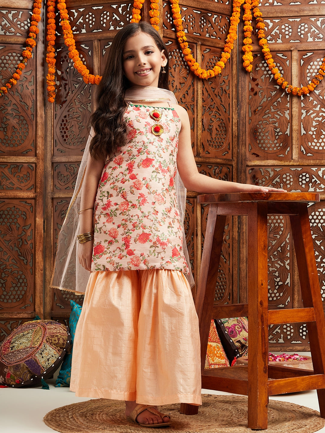Pspeaches Girls Floral Printed Regular Kurta With Sharara & With Dupatta (SHA-PEACHMULTIFLORAL)