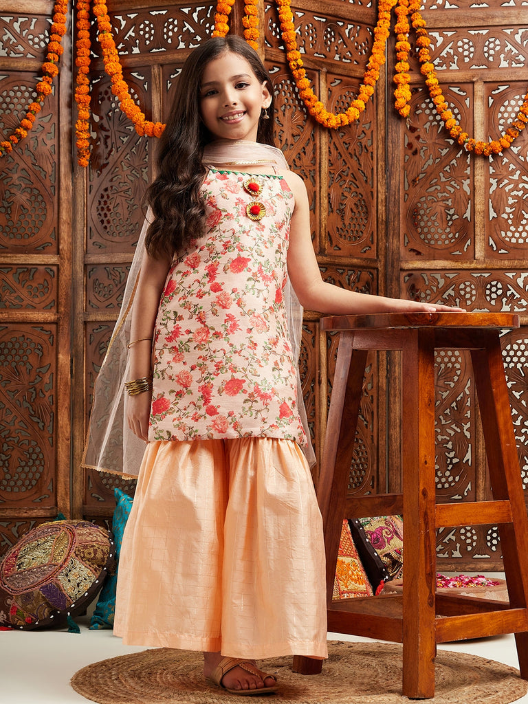 Pspeaches Girls Floral Printed Regular Kurta With Sharara & With Dupatta (SHA-PEACHMULTIFLORAL)